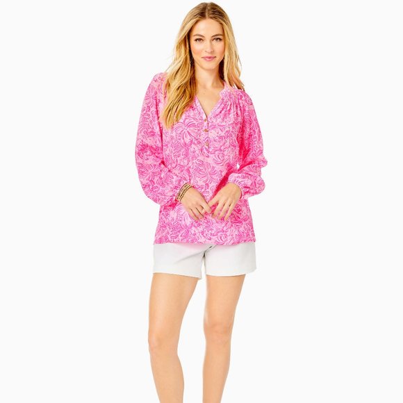 Lilly Pulitzer $178 Elsa Silk Top, Pink Blossom Foxy Llama, Size L - Picture 3 of 5